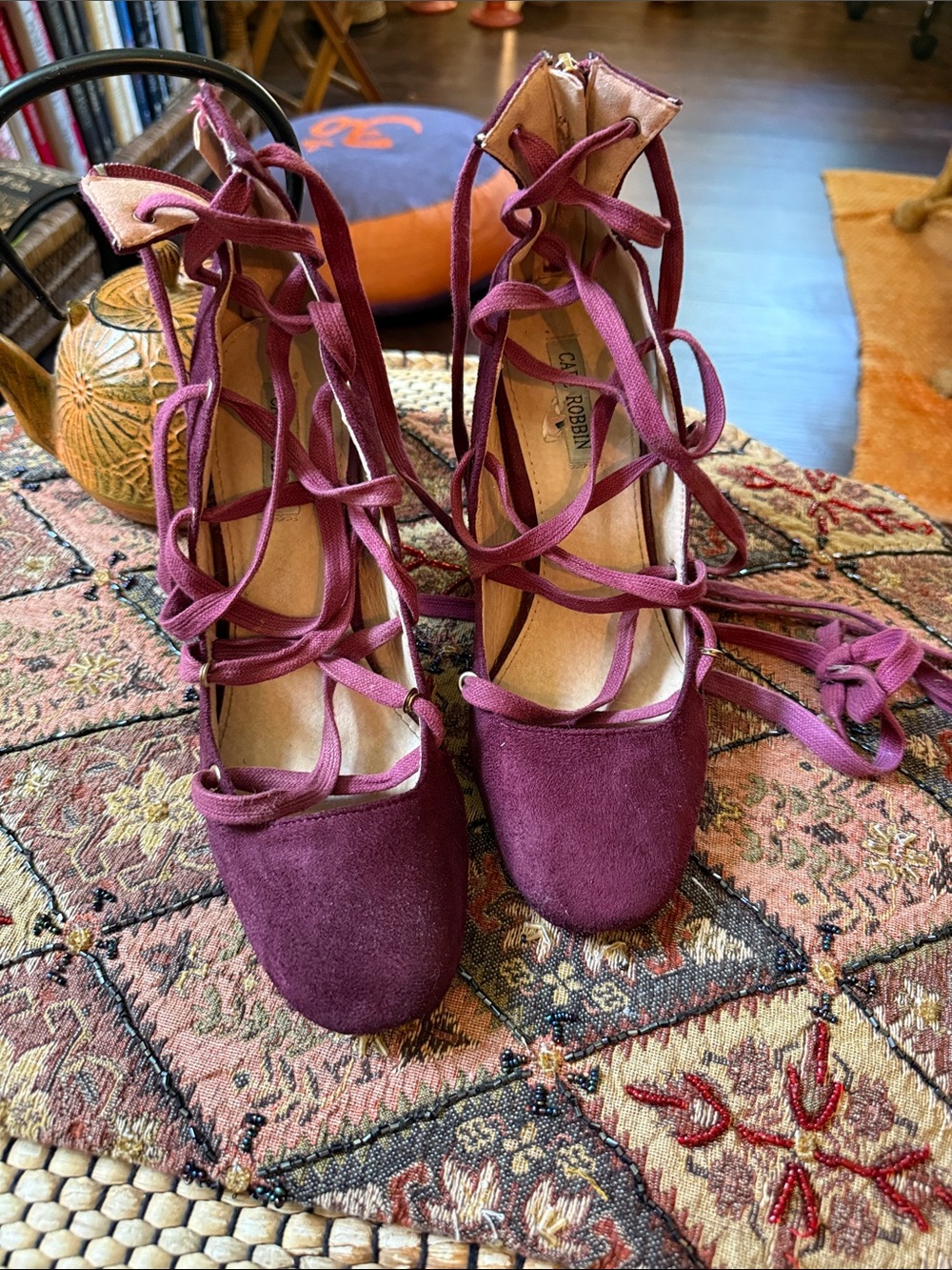 Pretty Cape Robbin Ballarina Wine Suede Lace-Up Heels
